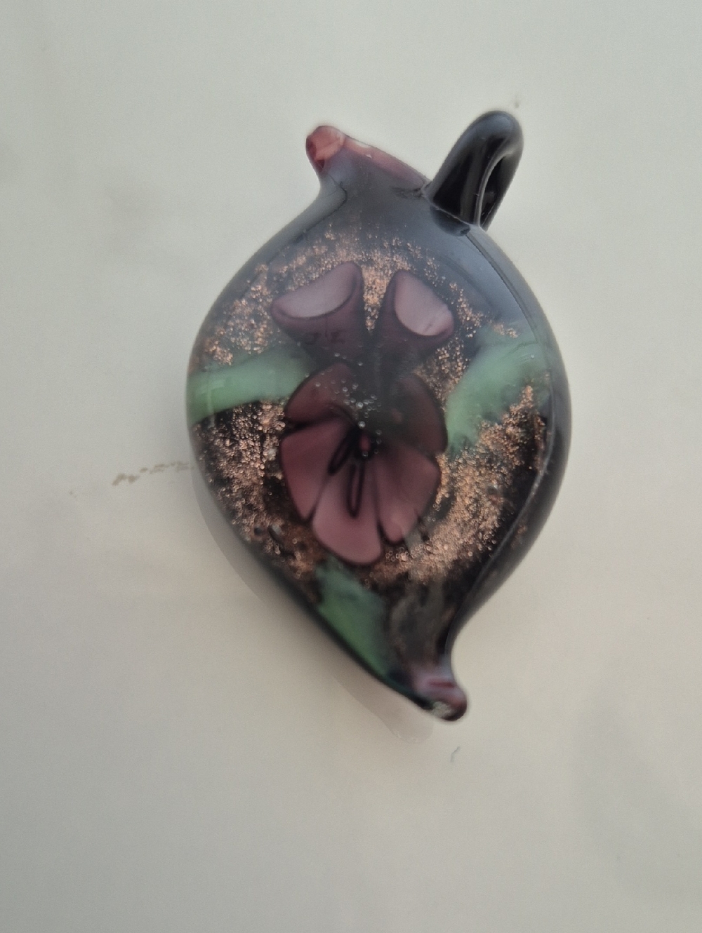Murano Purple Floral Glass Pendant with Green Accents and Gold Flecks